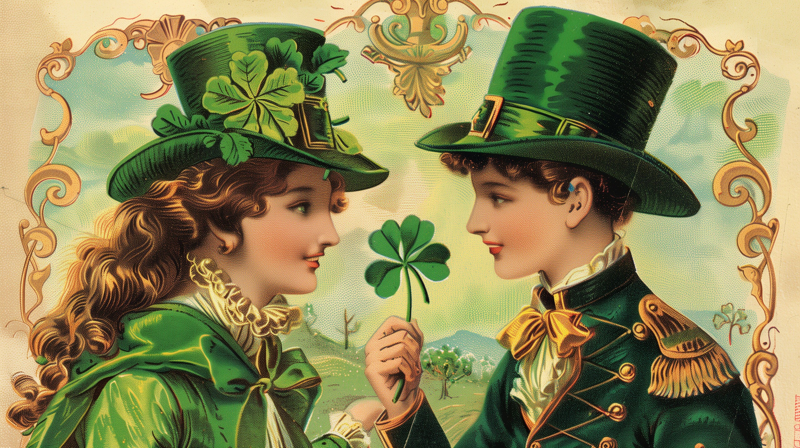 Vintage St. Patrick's Day setting. Young people in green attire