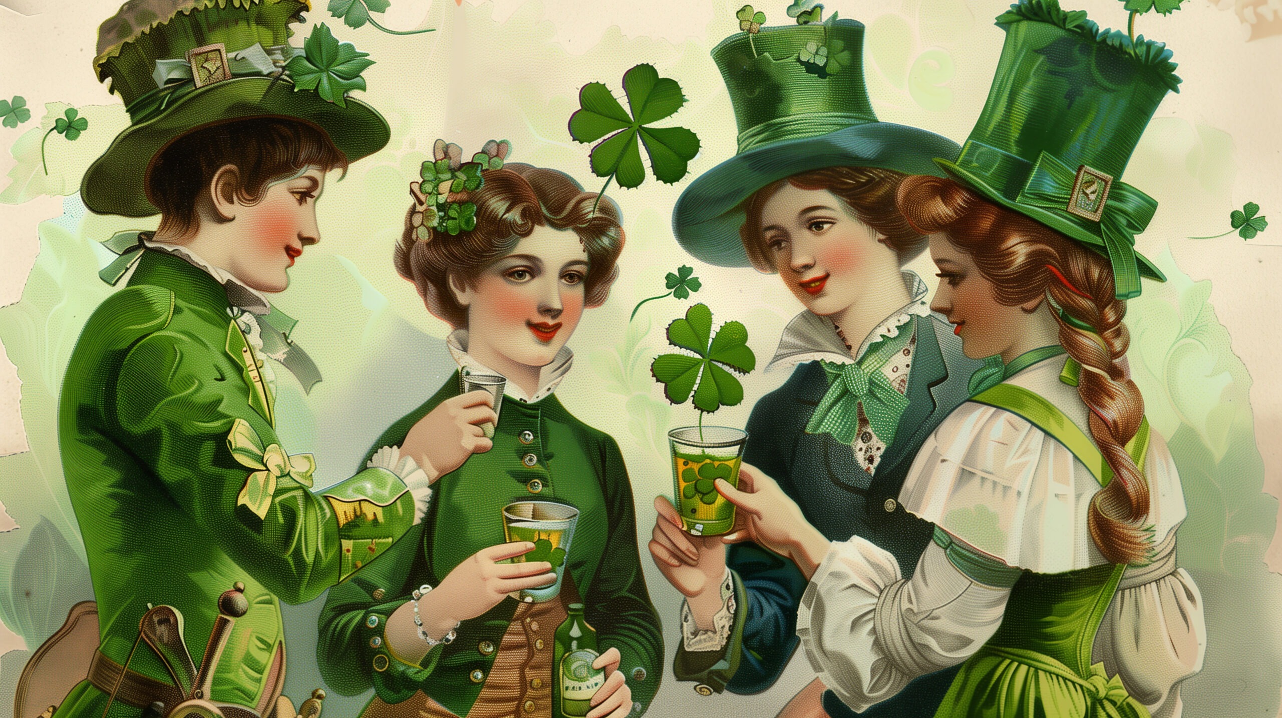 Vintage background for St. Patrick's Day. Young men and women in