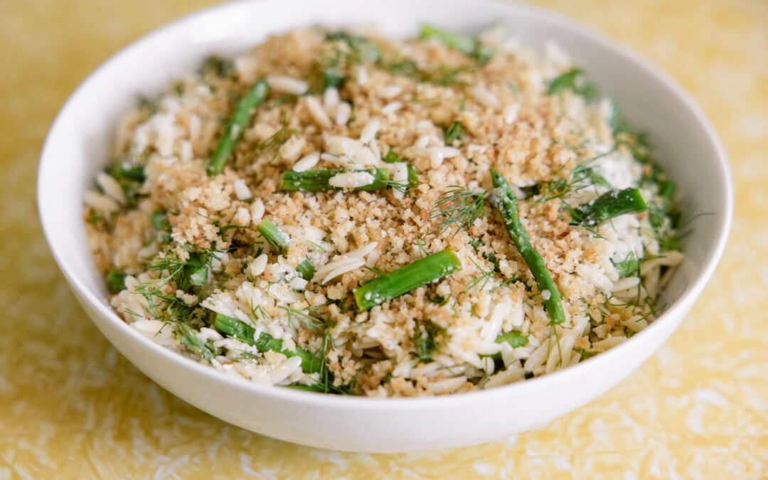 Lemon Orzo with Asparagus + Crispy Garlic Breadcrumbs